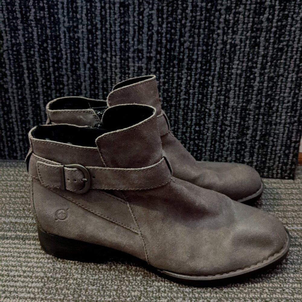 Born Dark Brown Suede Ankle Booties with Stacked Heel – Size 9 - 9.5M